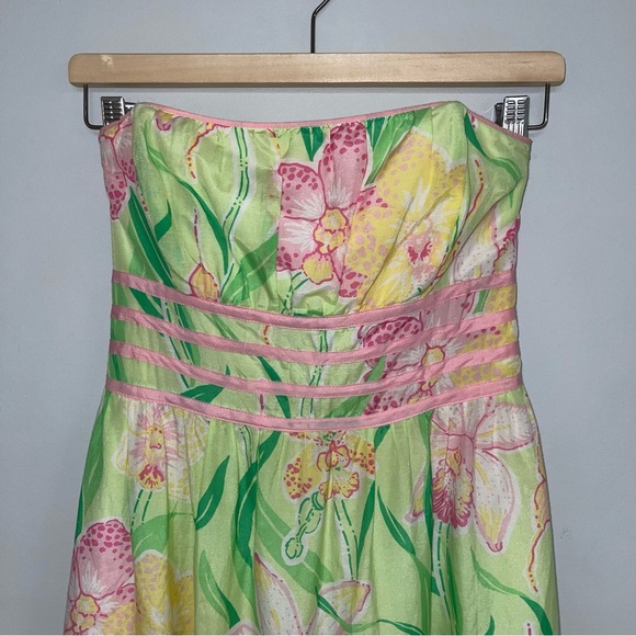 Lilly Pulitzer Dress Women's Size 8 US Green Pink Floral Silk Cotton Strapless‎ - Picture 3 of 10